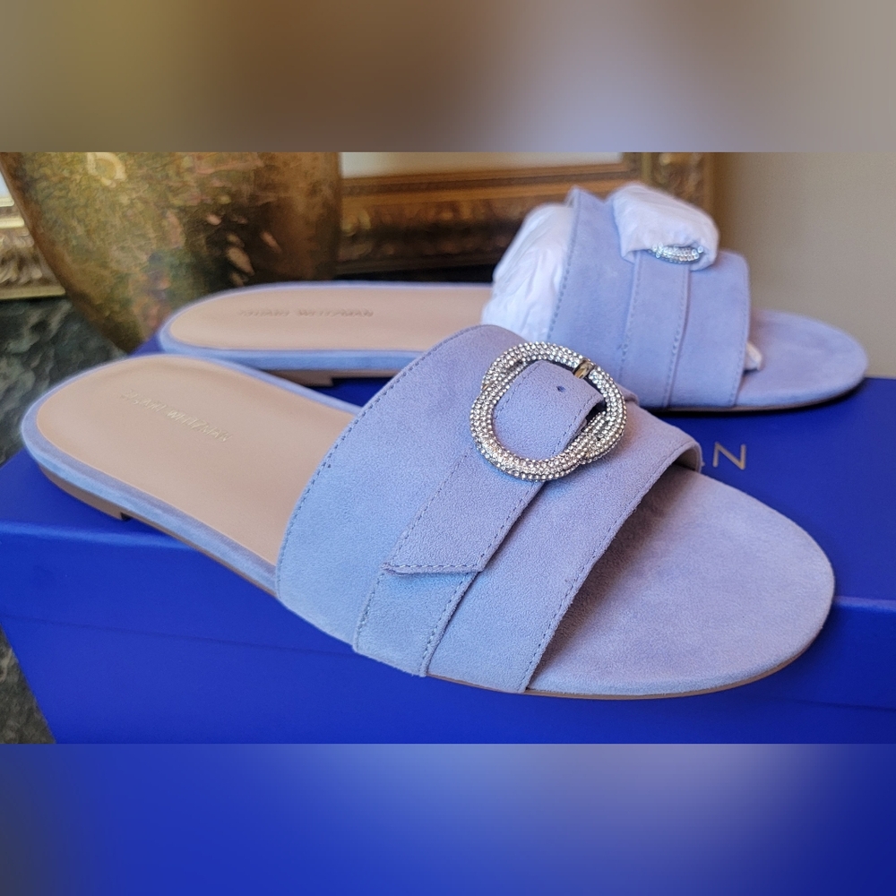 NIB STUART WEITZMAN BLUE SUEDE CRYSTAL SLIDE SANDALS SZ 9